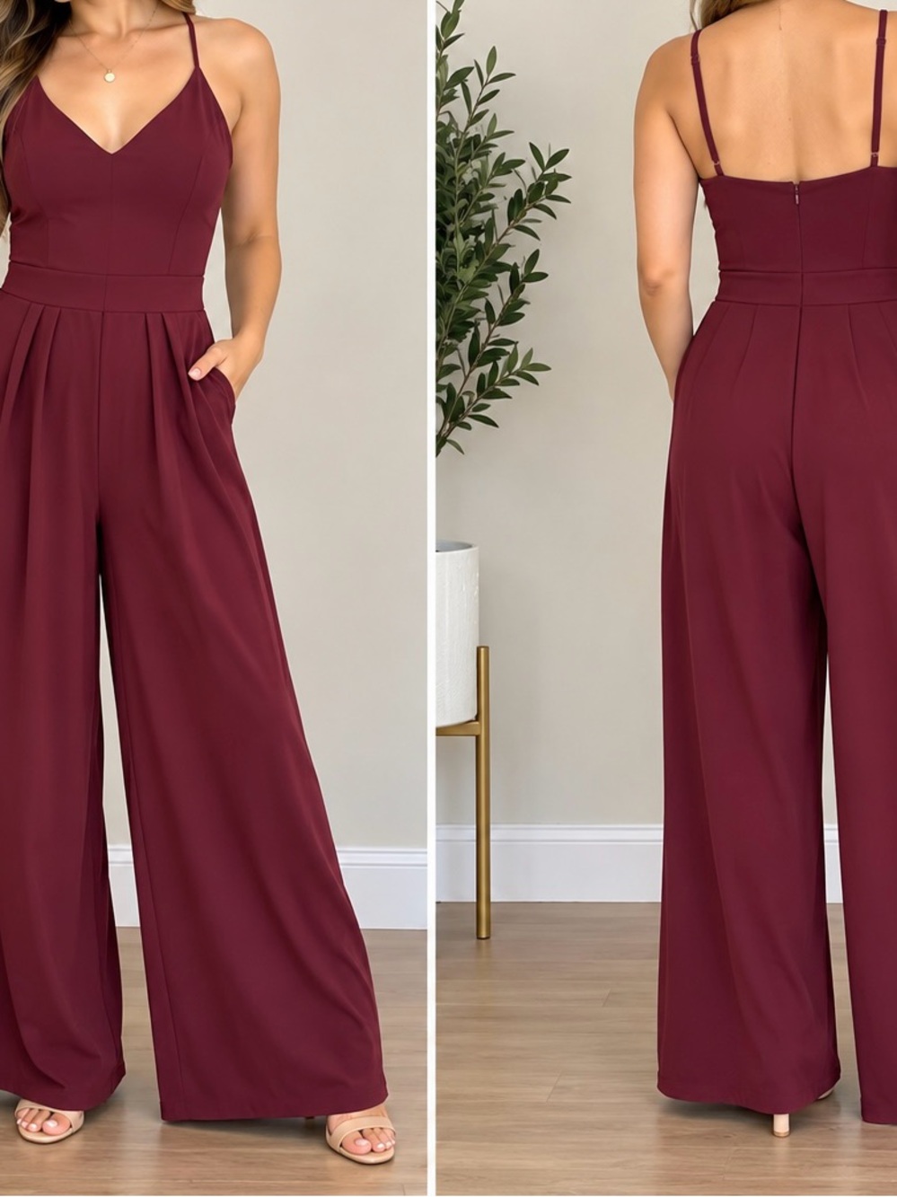 HALARA Burgundy Wide-Leg Spaghetti Strap Jumpsuit ivory